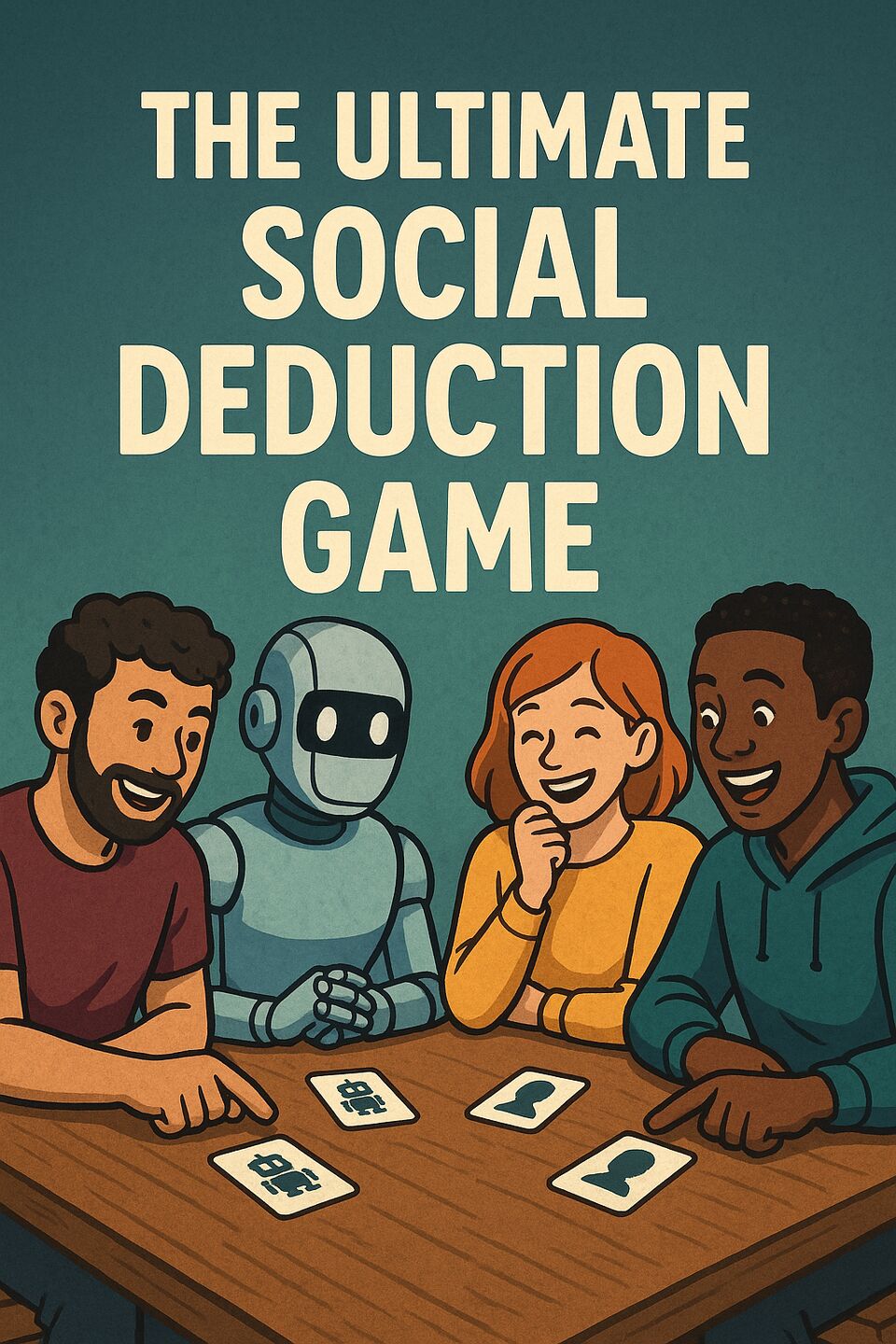 Glitch poster reading “The ultimate social deduction game”, with three friends laughing beside a robot at a table of cards.