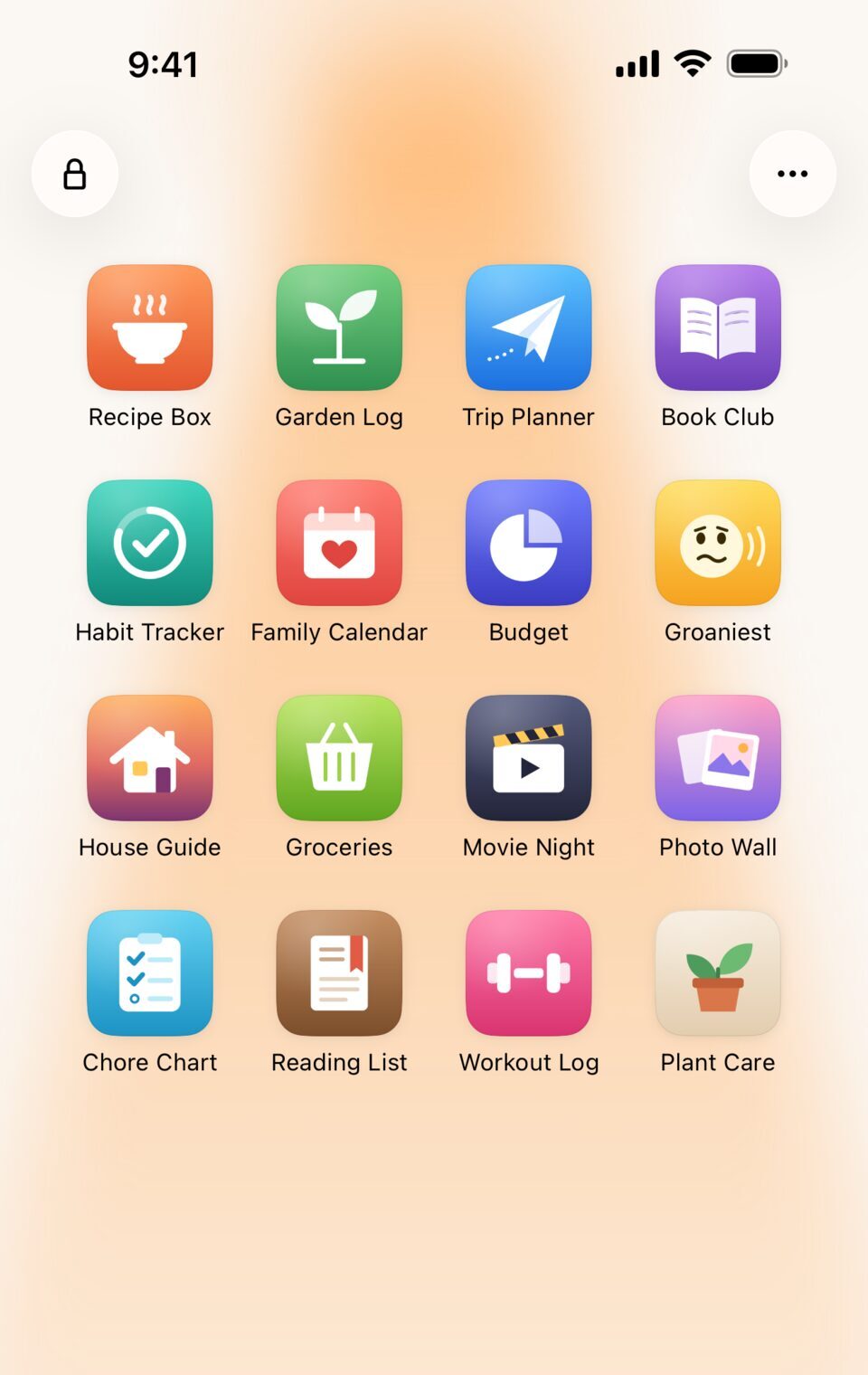 The Ovenlight launcher on an iPhone: apps such as Recipe Box, Garden Log, Trip Planner and Book Club in a Home Screen grid, lit by a warm light from the top.